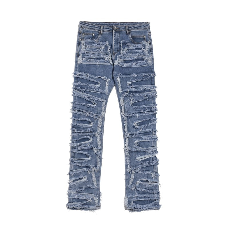 Iins high street hip-hop heavy industry destruction hole patch blue jeans Y2K trendy men&#39;s knife cut old trousers