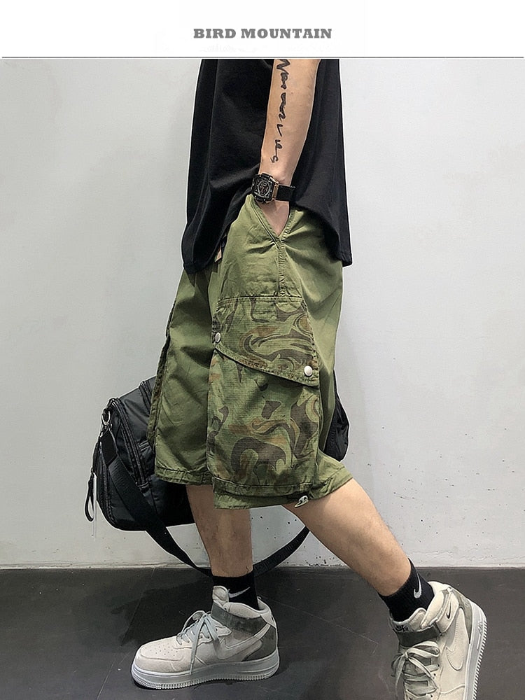 Summer American Camouflage Pocket Patchwork Cargo Shorts Men Clothing Japanese Streetwear Loose Army Green Casual Pants Male