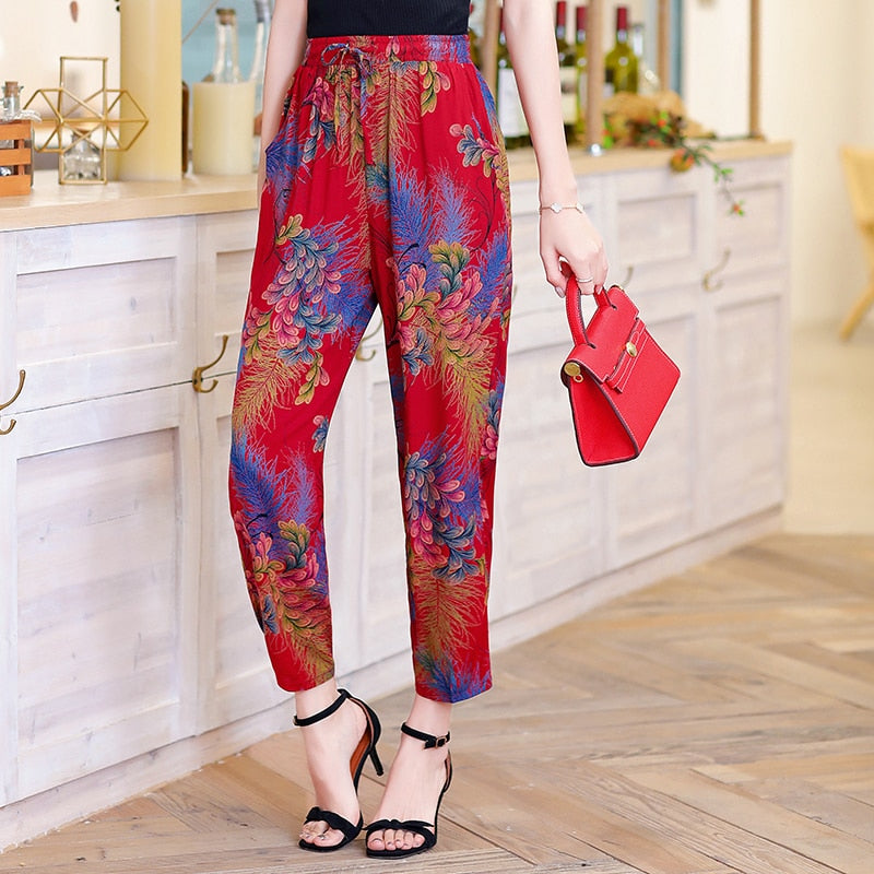 Summer Beach Harem Pants Women Bottoms Casual Bloomers Printed Loose High Waist Trousers Women Elastic Waist Wide Leg Pants