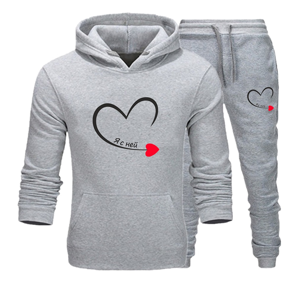 2023 Couples Tracksuit Love Heart Print Lover Hoodie and Pants 2 PCS Clothes Men Women Sweatshirts and Trousers Fleece Suits