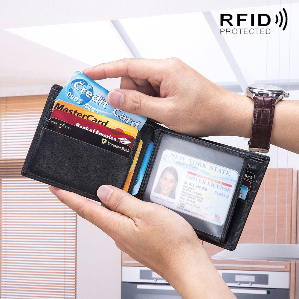 Men Pocket Wallet Rfid Anti-thief Short Wallets Genuine Leather Coin Purse Cash ID Cards Holder Card Organizer Black