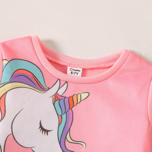 PatPat Kid Girl Unicorn Print Fleece Lined Pink Pullover Sweatshirt