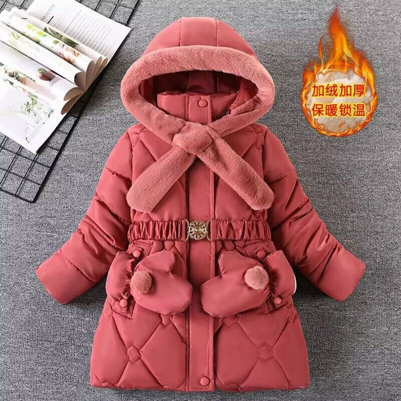 Winter Girls Thick Coats Fleece Warm Down Cotton Mid-Length Jackets Gloves Hooded Parka Coats Children&#39;s Outerwear Clothes