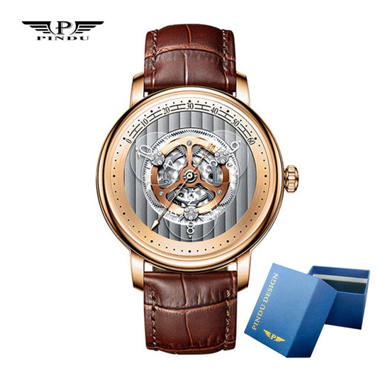 PINDU New 41MM Minute Scale Luxury Men&#39;s Watches Business Sunburst Watch For Men Automatic Mechanical Sapphire Windows P6513+Box