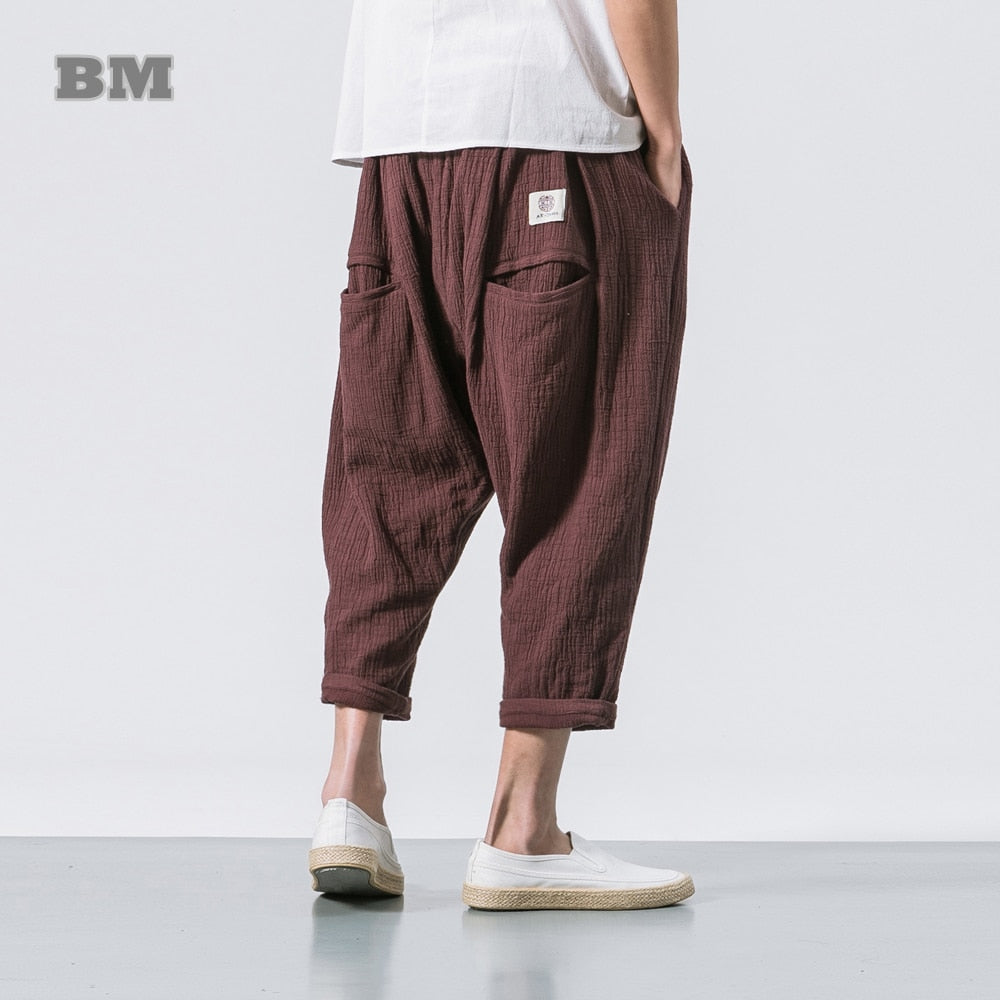 Best Black Linen Cropped Trousers Ethnic Style Harem Pants Mens Baggy Pants Summer Japanese Loose Joggers  www.chishtismart.com