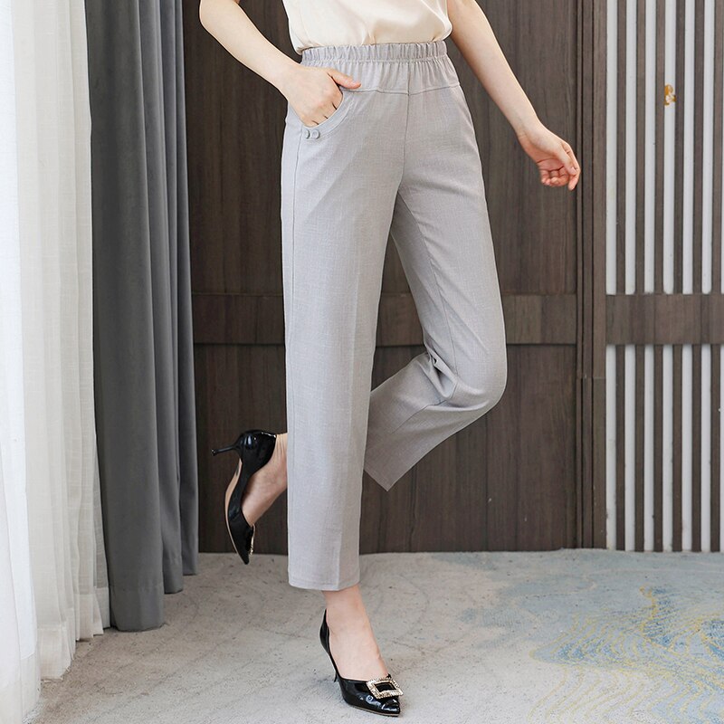 Summer Cotton Linen Pants for Women Bottoms 2023 New Elegant Classic Elastic Waist Harem Pants Woman High Waisted Trousers