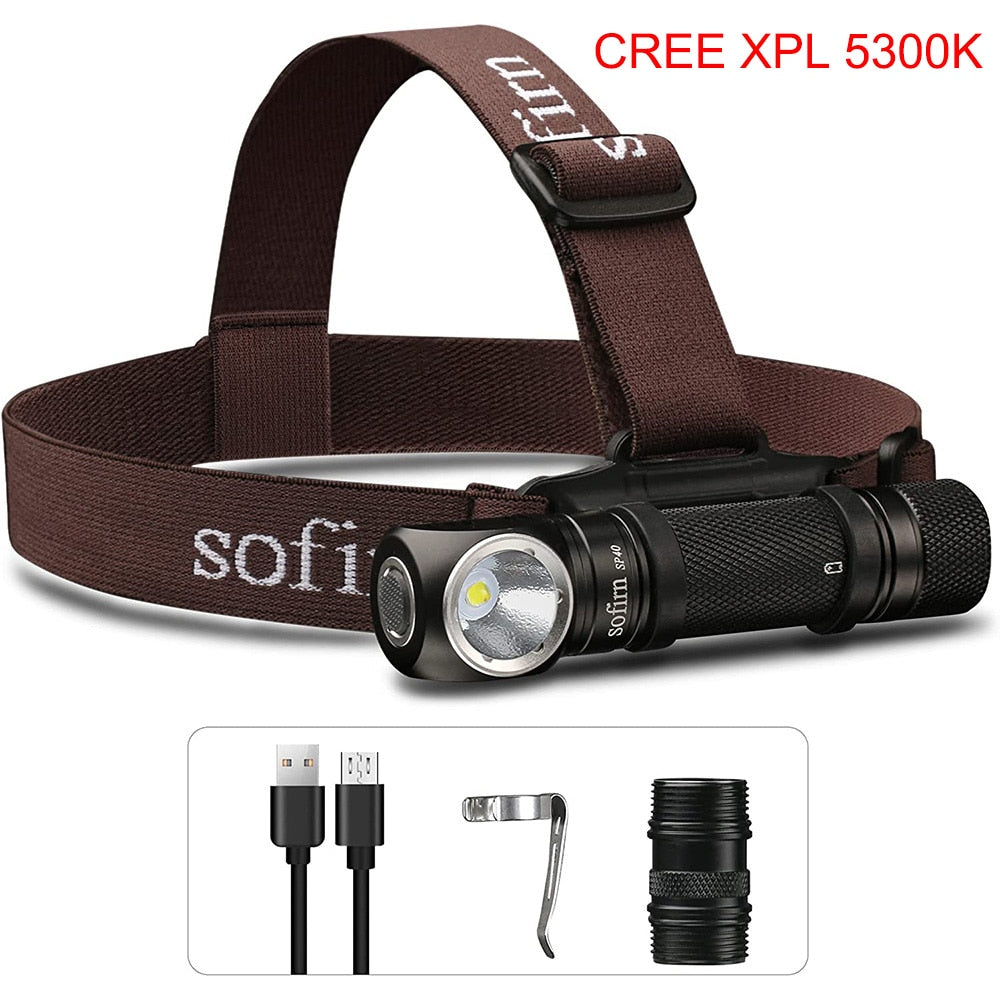 Sofirn SP40 LED Headlamp XPL 1200lm 18650 USB Rechargeable Headlight 18350 Flashlight with Power Indicator Magnet Tail