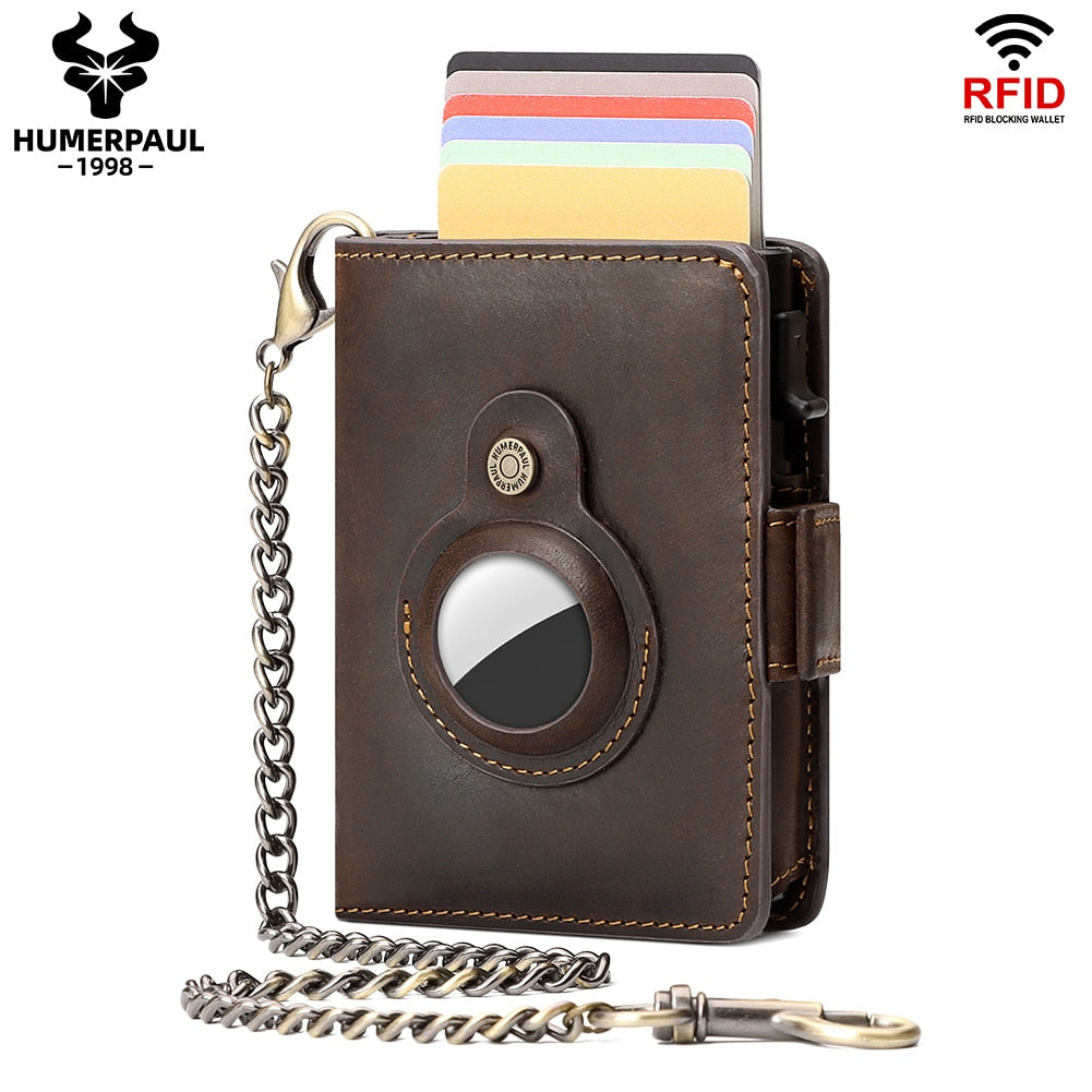 HUMERPAUL AirTag Pop-up Card Holder Purse RFID Protect Credit Cardholder Crazy Horse Leather Men's Wallet with Chain Coin Pocket