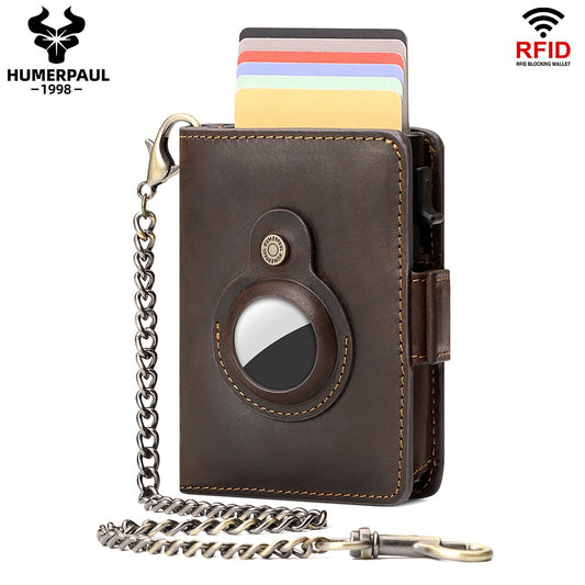 HUMERPAUL AirTag Pop-up Card Holder Purse RFID Protect Credit Cardholder Crazy Horse Leather Men's Wallet with Chain Coin Pocket