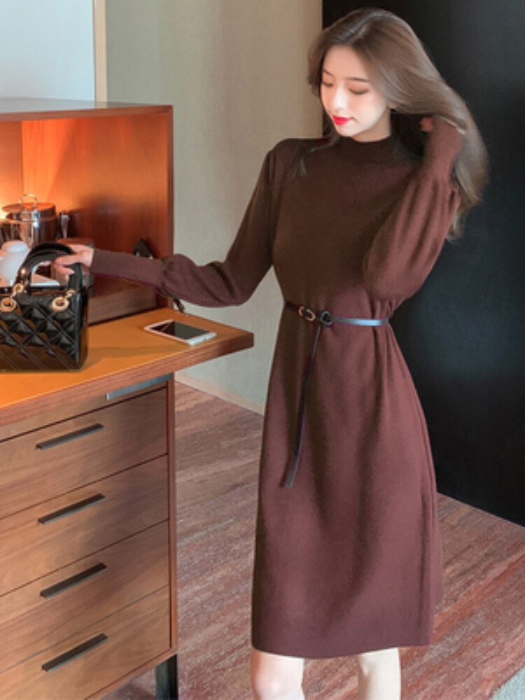 Elegant Women&#39;s Dresses for Party 2022  Autumn Winter Female Clothing Solid Dresses Woman with Belt OL Lantern Sleeve Knit Dress