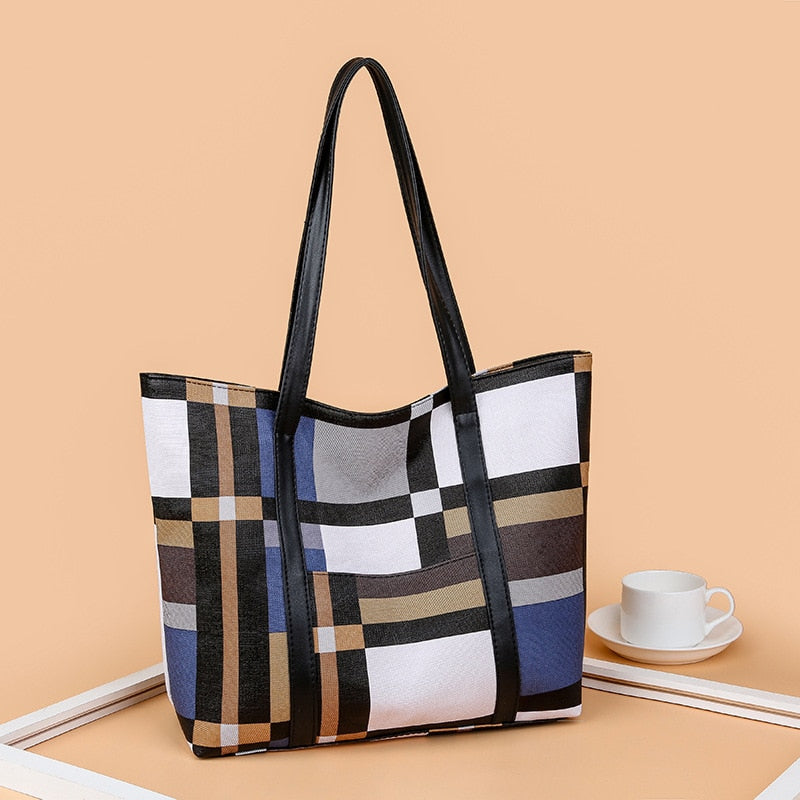 TRAVEASY 2023 Fashion Patchwork PU Leather Plaid Women Tote Bags Casual Square Zipper Large Capacity Hand Bags for Female