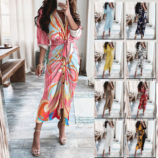 Striped Leopard Print Button Women&#39;s Dress Spring 2022 Elegantes Ankle Bandage Dress Half Sleeve Vintage Dress Shirt Beach Robe