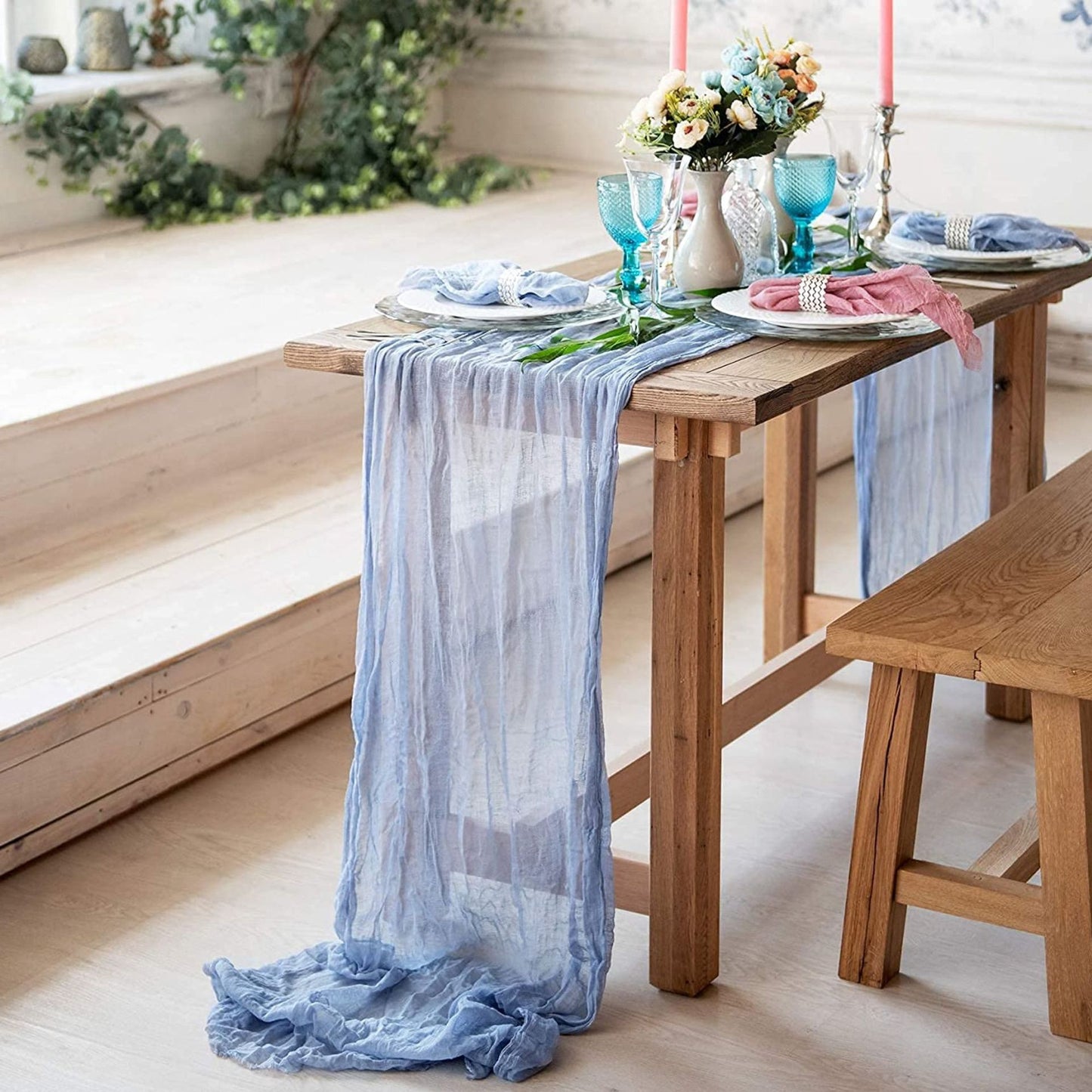 Luxury Table Runner Dinning Table Decoration Rustic Boho Wedding Party Bridal Shower Birthday cheesecloth gauze table runner