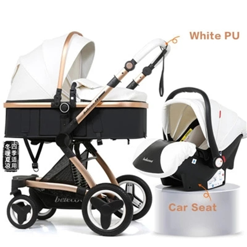 Belecoo baby stroller high landscape baby stroller basket can sit lying folding 3in1 leather baby stroller with car seat  gift