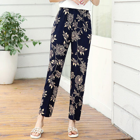 2023 Summer Casual Pencil Pants Women Bottoms Vintage High Waist Pants with Print Elastic Waist Middle Aged Women Trousers