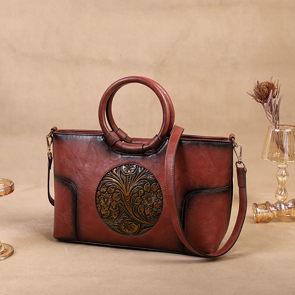 Women Shoulder Bag Female Small Square Bags Tote Pu Red Leather Chinese Style Textured Lady Flower Handbag Winter Spring Classic