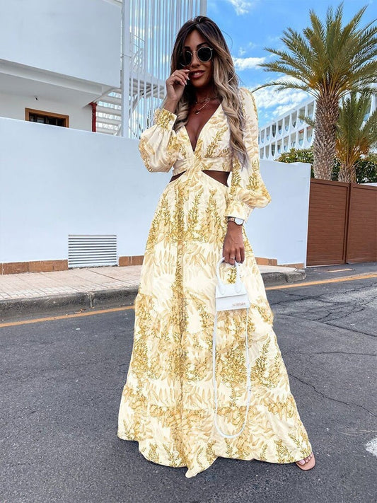 Elegant Sexy V Neck Hollow Out Long Dress For Women 2022 Autumn Casual Long Sleeve Print Bohemian Beach Vacation Midi Dresses