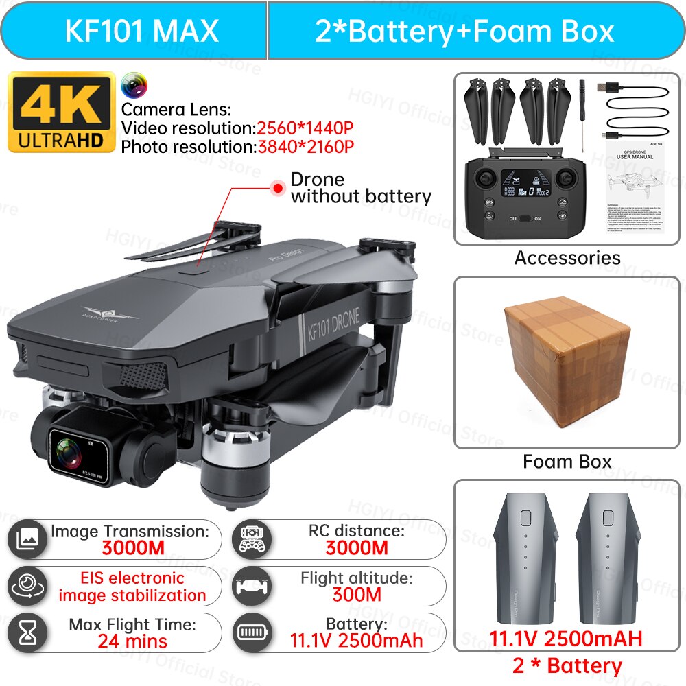 HGIYI KF101 Max Drone 4K Professional 5G WIFI Dron HD EIS Camera Anti-Shake 3-Axis Gimbal Brushless Motor RC Foldable Quadcopter