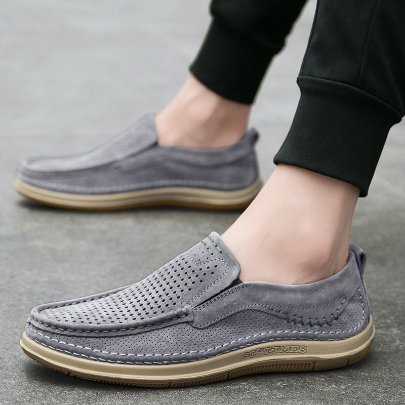 Genuine Leather Men Shoes Casual Luxury Brand Slip on Summer Designer Loafers Men Moccasins Breathable Gray Men Driving Shoes