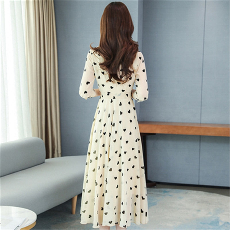 2020 Korean summer new stand-up collar seven-point sleeves temperament chiffon floral big swing dress women