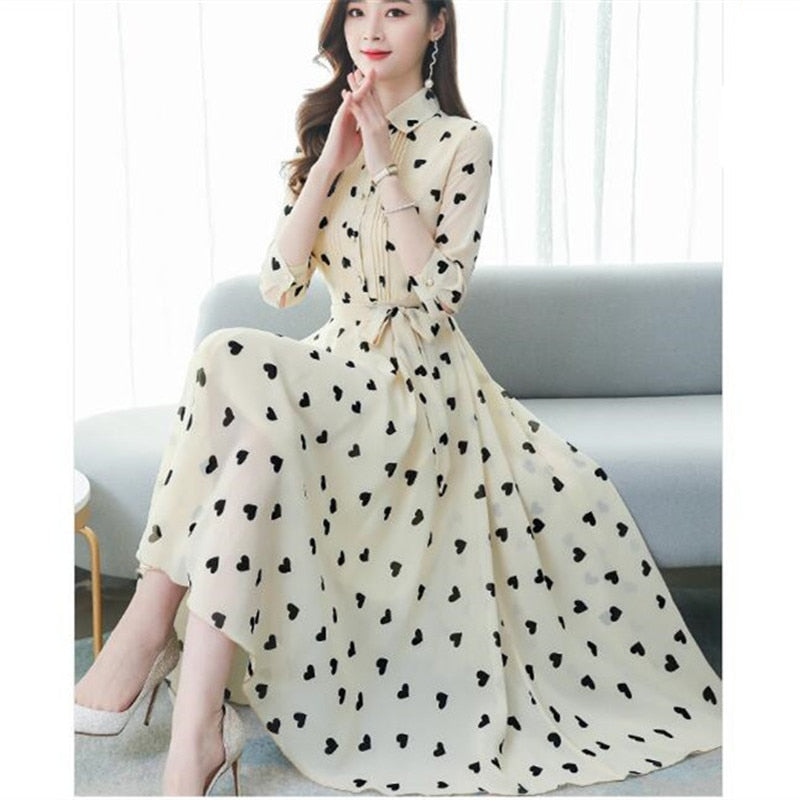 2020 Korean summer new stand-up collar seven-point sleeves temperament chiffon floral big swing dress women