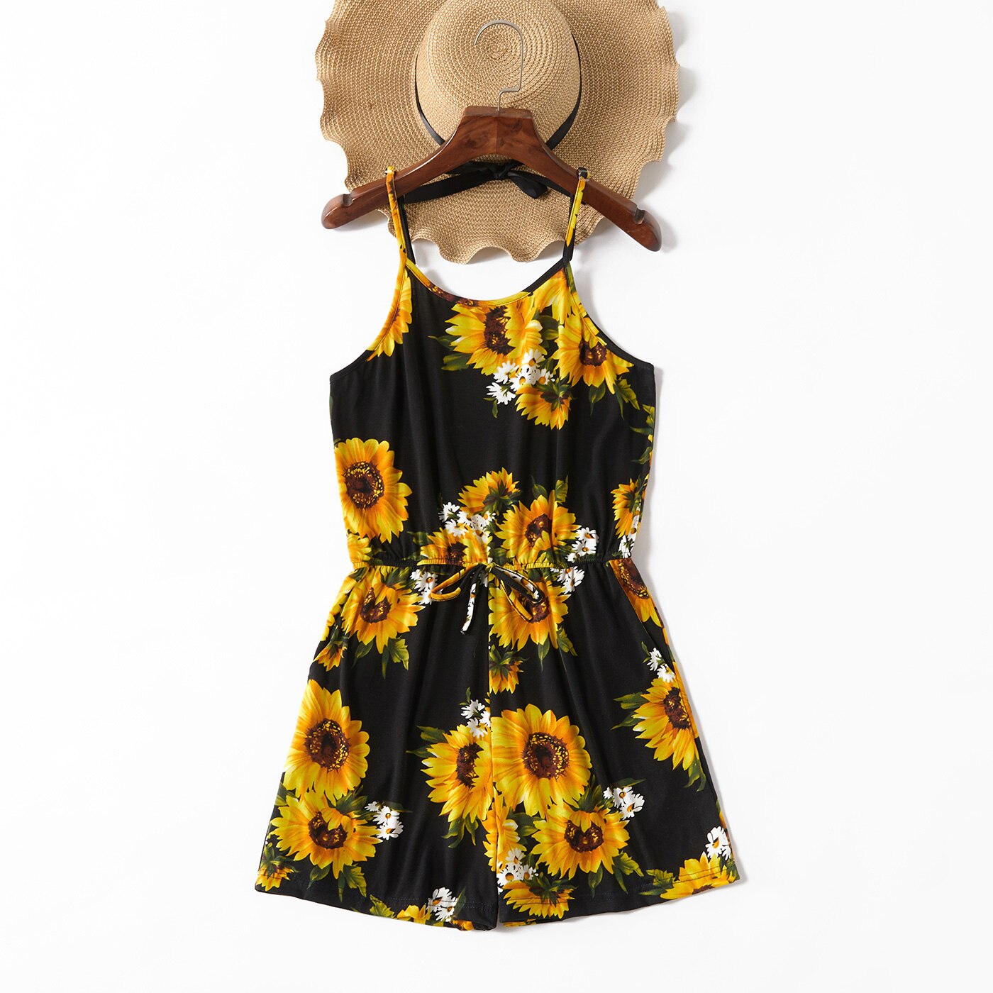 PatPat Sunflower and Daisy Print Matching Black Sling Shorts Rompers