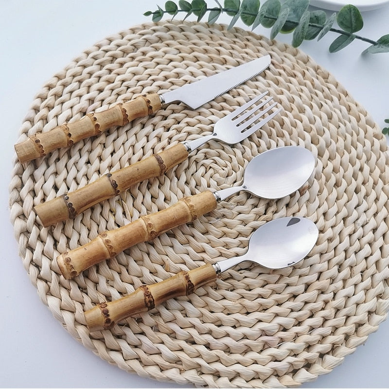 4/16/24/32Pcs Dinnerware Sets Original Nature Bamboo Handle Stainless Steel Cutlery Fork Spoon Home Kitchen Tableware Cutleri