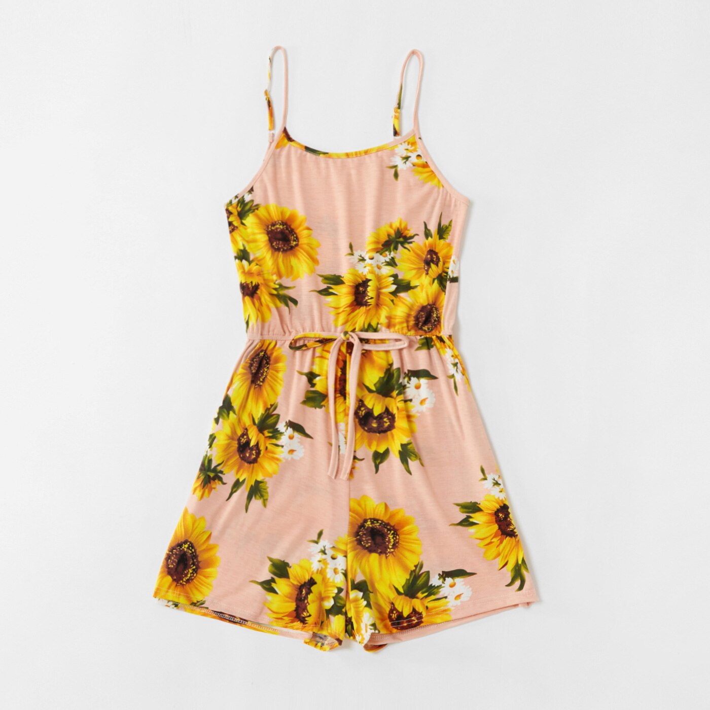 PatPat Sunflower and Daisy Print Matching Black Sling Shorts Rompers