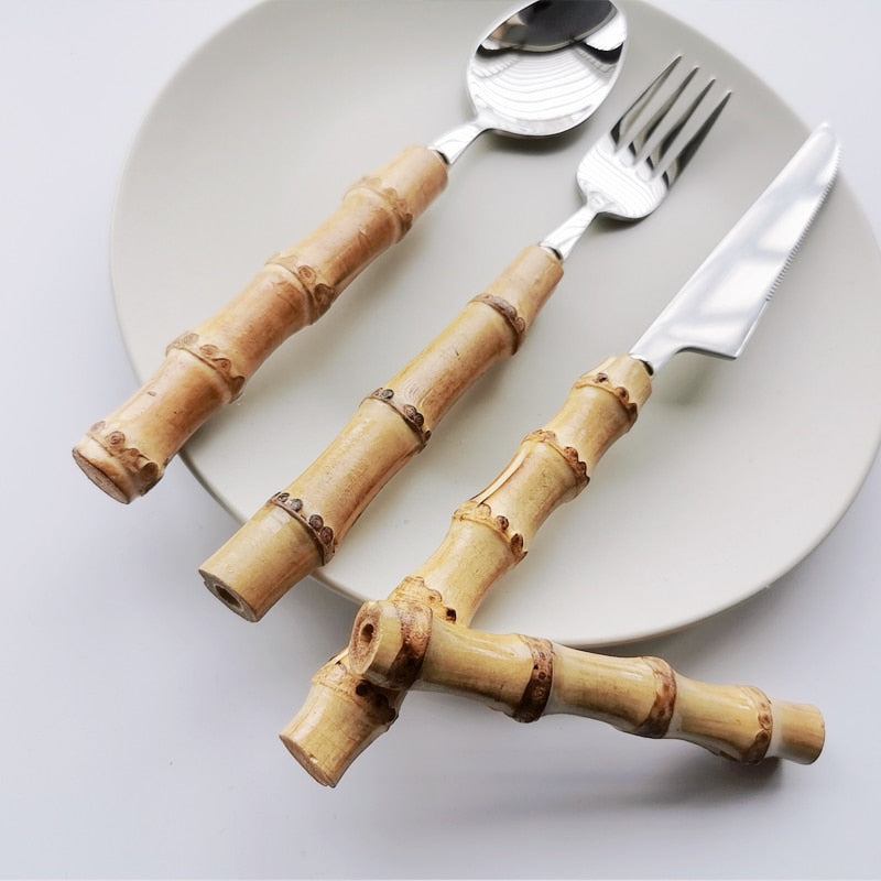 4/16/24/32Pcs Dinnerware Sets Original Nature Bamboo Handle Stainless Steel Cutlery Fork Spoon Home Kitchen Tableware Cutleri