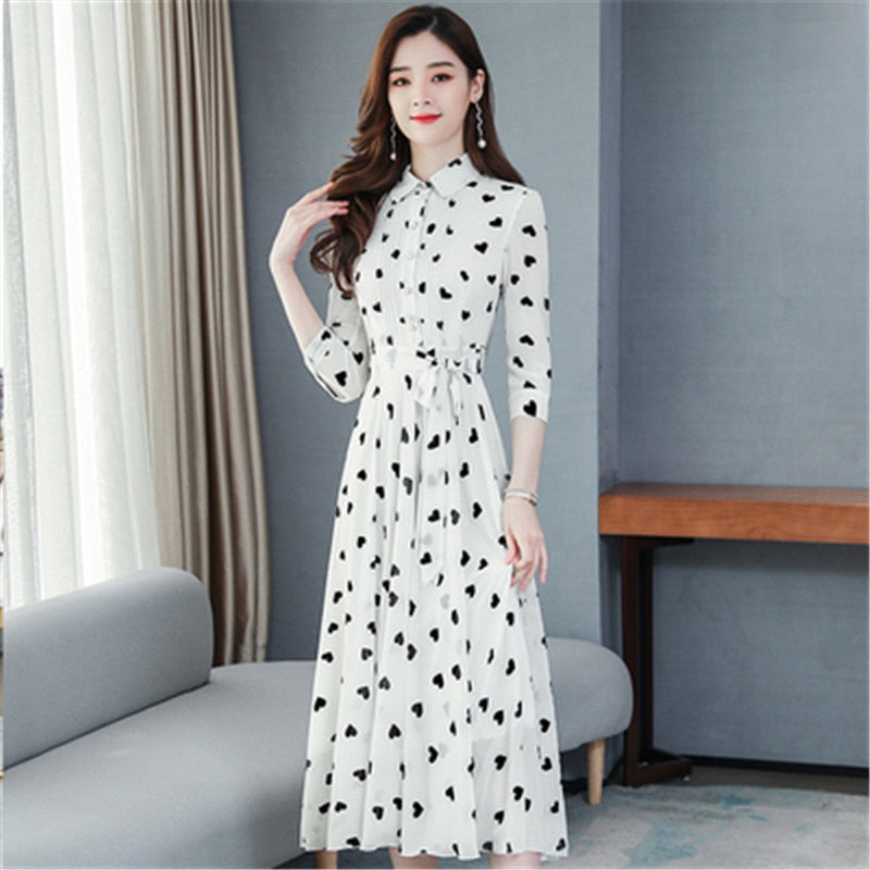 2020 Korean summer new stand-up collar seven-point sleeves temperament chiffon floral big swing dress women