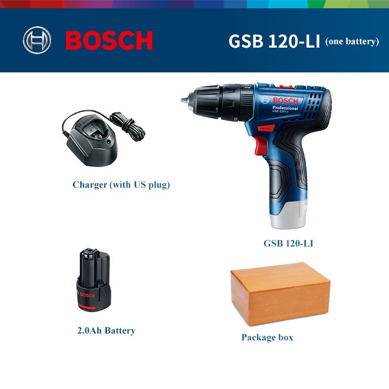 Bosch 3 In 1 Electric Drill GSB 120-LI 12V Rechargeable Cordless Impact Drill Multi-function Home DIY Screwdriver Power Tool